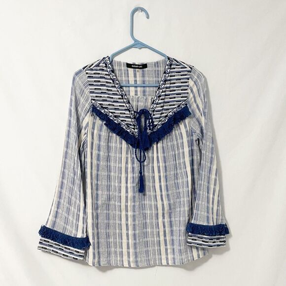 🟢Sugar + Lips Cream & Blue Woven Blouse XS - Picture 2 of 9